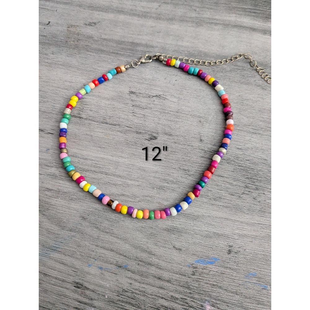 Multicolor Seed Bead Choker Necklace Rainbow Boho Adjustable Silver Tone Clasp